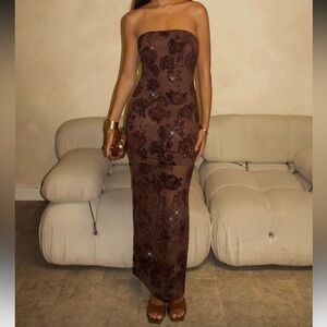 Elegant Brown Floral Strapless Dress